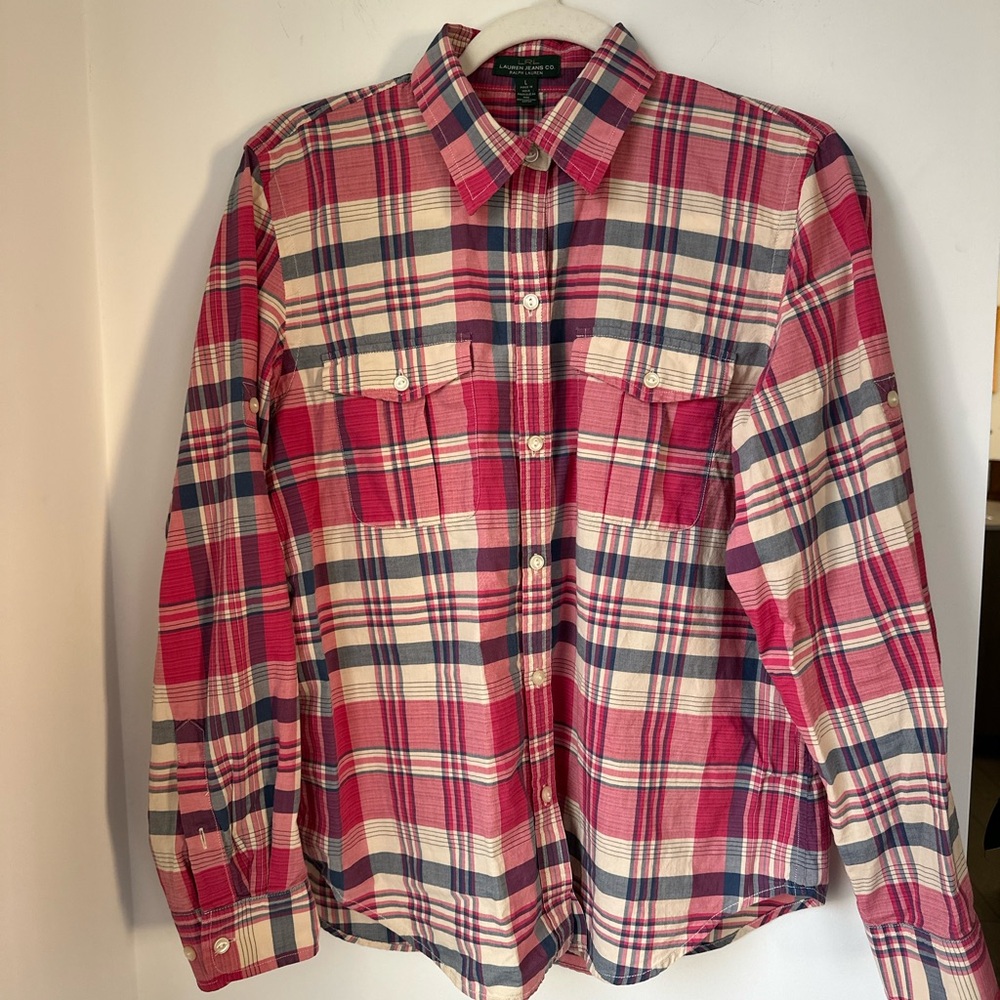 Lauren Jeans Co Pink Plaid Tartan Shirt Large Women Ralph Lauren